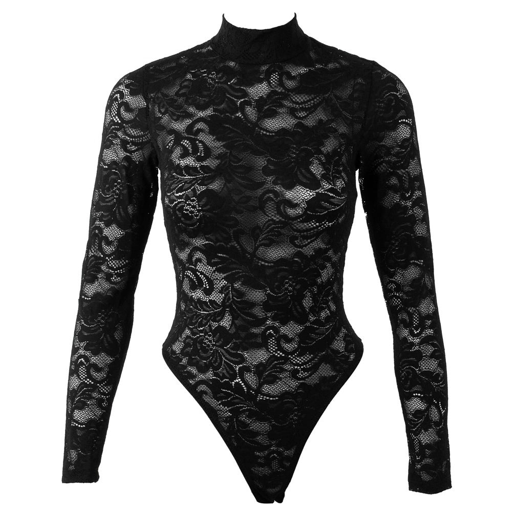 Body-Tanga de Renda Floral Preta